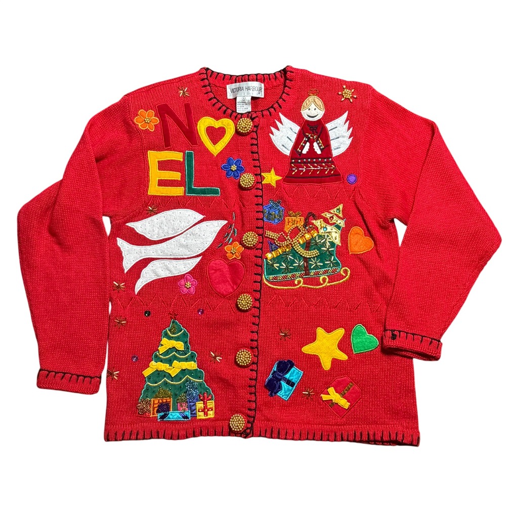 Vintage Cardigan S Red Ugly Christmas Sweater Embellished Kitchy Theme Artsy